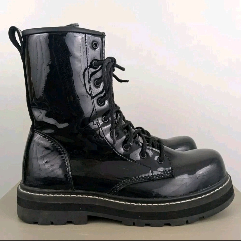 Avenger Fortune Work Boots Patent Combat Womens 9.5 Black Lace Up Grunge Punk